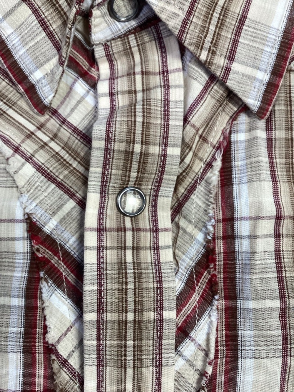 90’s Hawk Men's Brown Plaid Pearl Button Fringe Embroidered Western Shirt XL - Picture 7 of 10